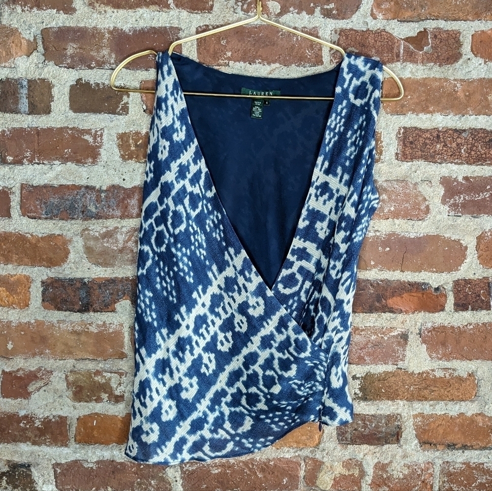 Lauren Ralph Lauren Size 6 Blue & Cream Silk & Linen Wrap Top w/ Side Zipperβ